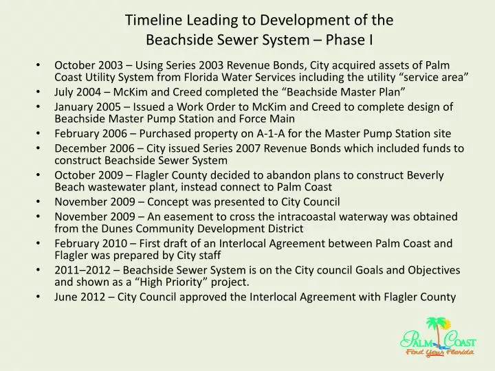 timeline leading to development of the beachside sewer system phase i