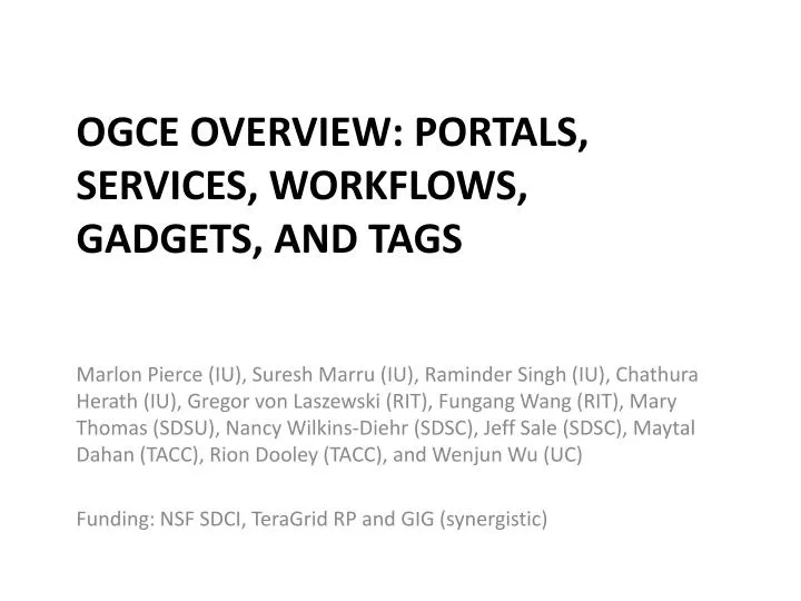 ogce overview portals services workflows gadgets and tags