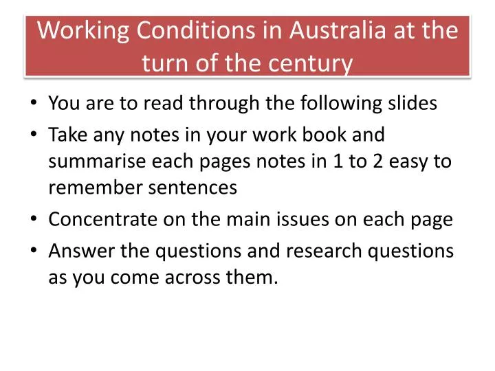 working conditions in australia at the turn of the century