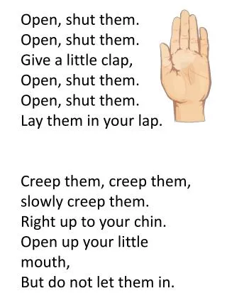 Open, shut them. Open, shut them . Give a little clap, Open, shut them. Open, shut them.