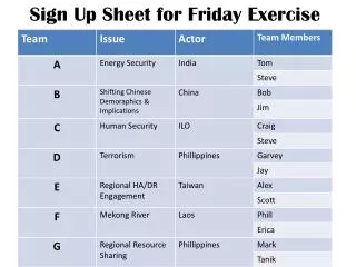 Sign Up Sheet for Friday Exercise