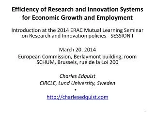 Efficiency of Research and Innovation Systems for Economic Growth and Employment