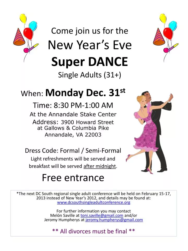come join us for the new year s eve super dance single adults 31