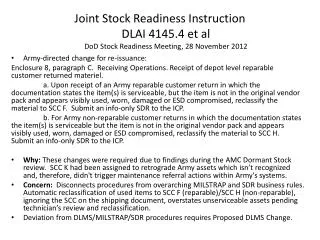 Joint Stock Readiness Instruction DLAI 4145.4 et al DoD Stock Readiness Meeting, 28 November 2012