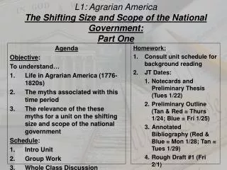 L1: Agrarian America The Shifting Size and Scope of the National Government: Part One