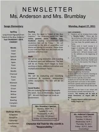 NEWSLETTER Ms. Anderson and Mrs. Brumblay