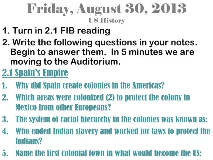 friday august 30 2013 us history