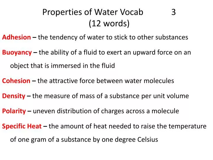 properties of water vocab 3 12 words