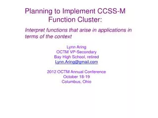 Planning to Implement CCSS-M Function Cluster: