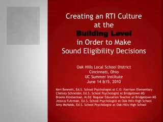 Creating an RTI Culture at the Building Level in Order to Make Sound Eligibility Decisions