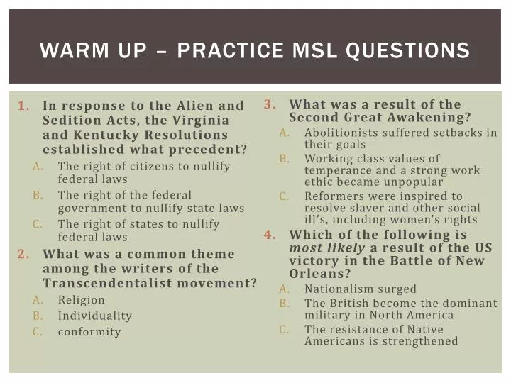 warm up practice msl questions