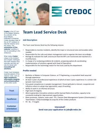 Team Lead Service Desk Job Description The Team Lead Service Desk has the following mission: