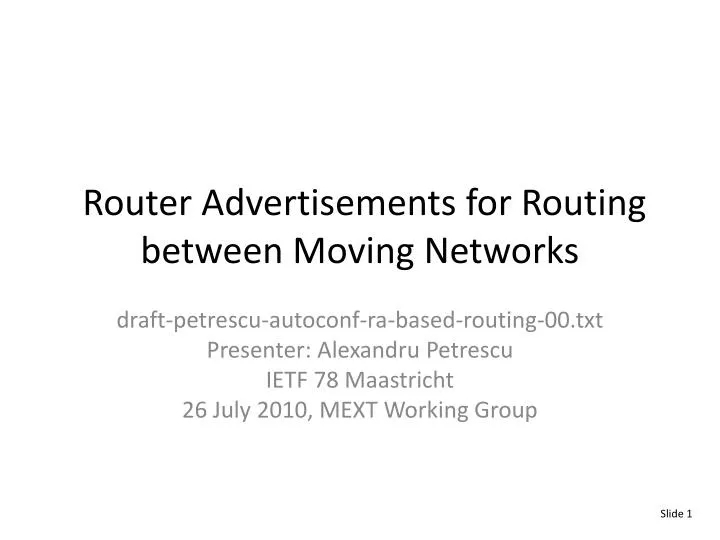 router advertisements for routing between moving networks