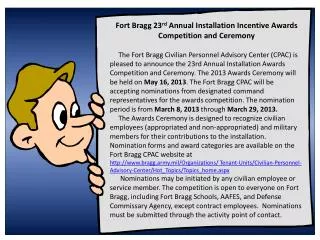 Fort Bragg 23 rd Annual Installation Incentive Awards Competition and Ceremony