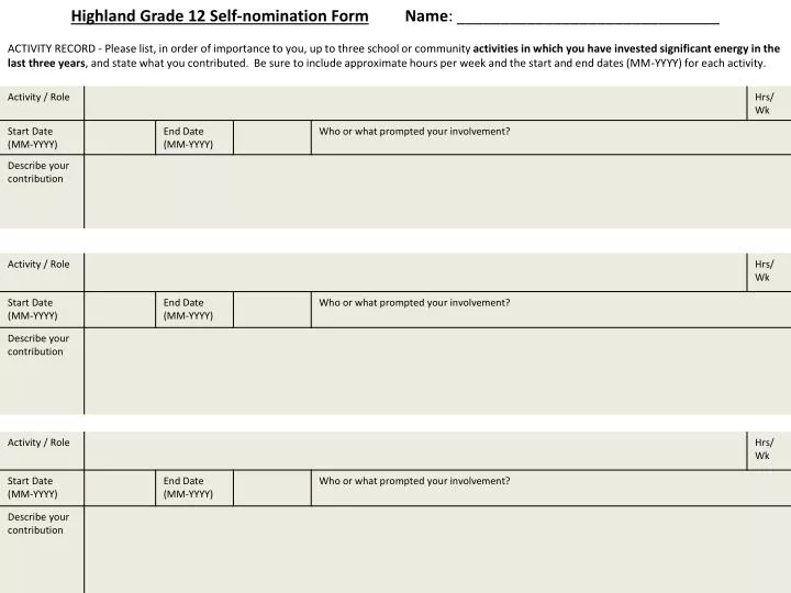 highland grade 12 self nomination form name