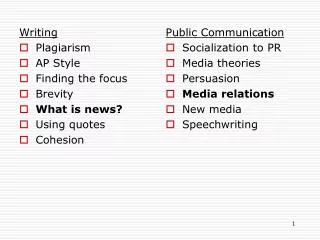 Writing Plagiarism AP Style Finding the focus Brevity What is news? Using quotes Cohesion