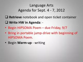 Language Arts Agenda for Sept. 4 - 7 , 2012