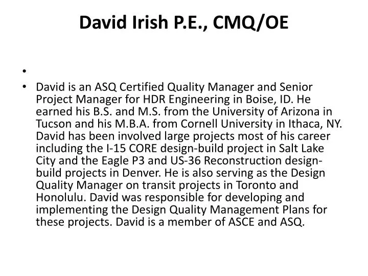 david irish p e cmq oe