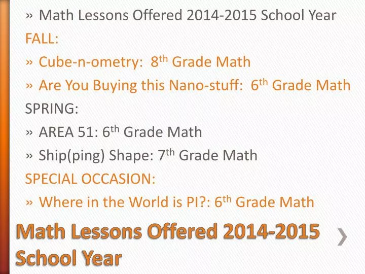math lessons offered 2014 2015 school year
