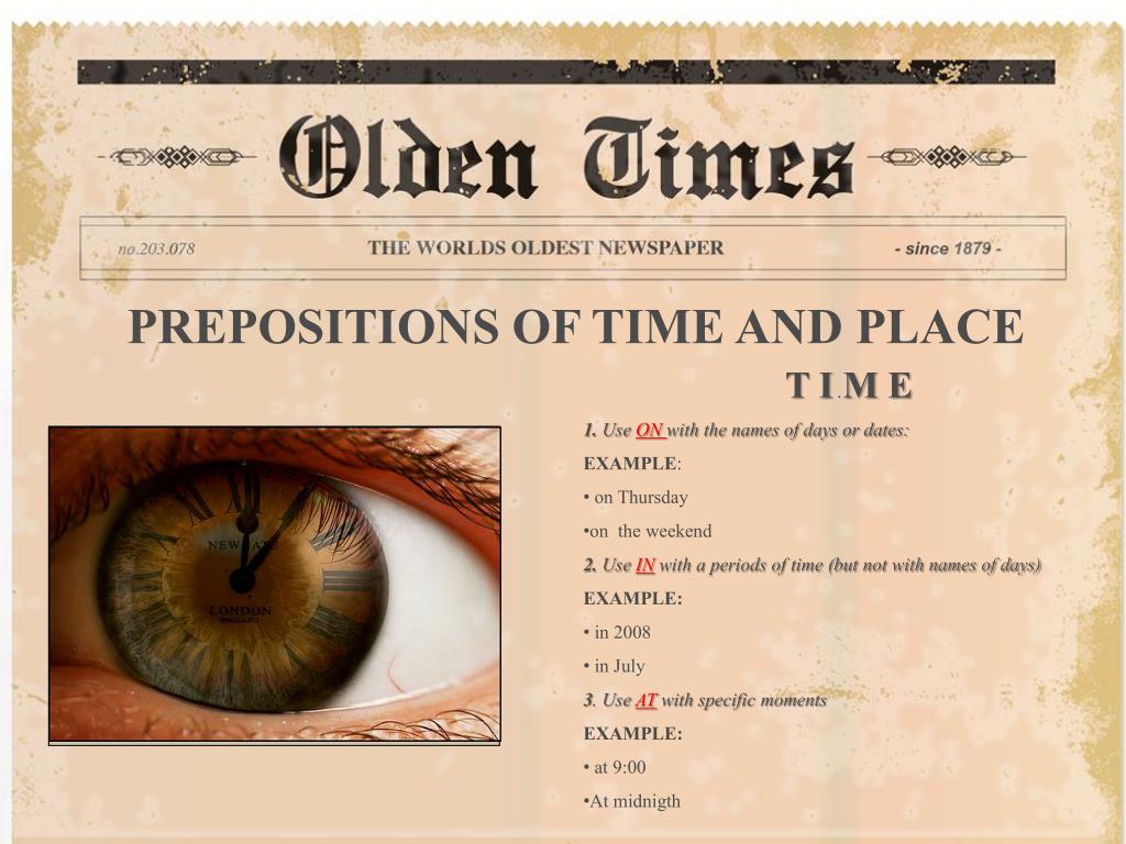 PPT - PREPOSITIONS OF TIME AND PLACE PowerPoint Presentation, free ...