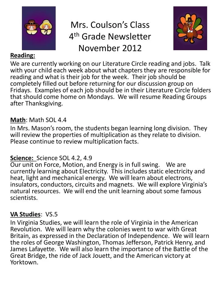 mrs coulson s class 4 th grade newsletter november 2012