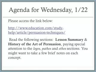 Agenda for Wednesday, 1/22
