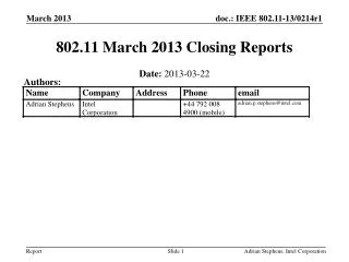802.11 March 2013 Closing Reports