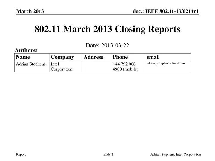 802 11 march 2013 closing reports