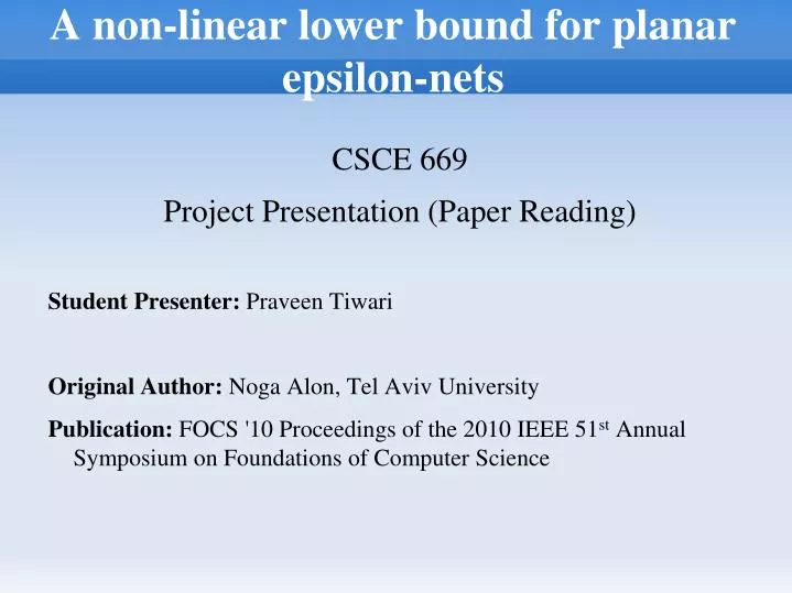 a non linear lower bound for planar epsilon nets