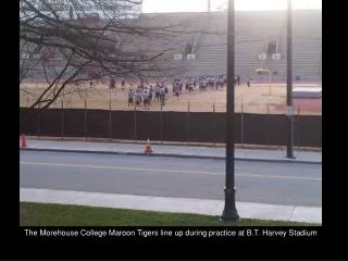 The Morehouse College Maroon Tigers line up during practice at B.T. Harvey Stadium