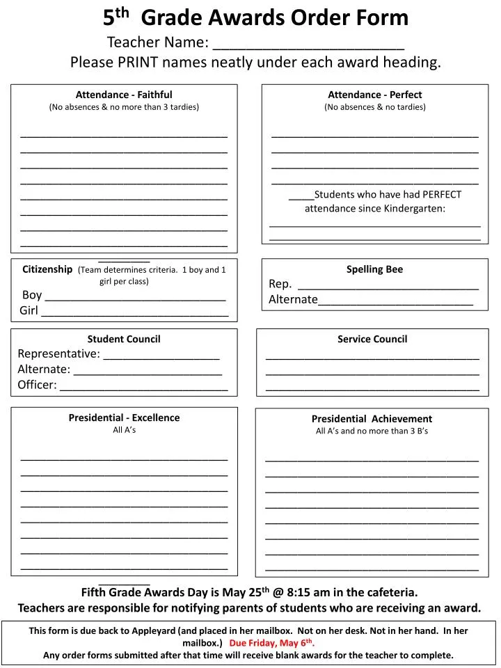 5 th grade awards order form teacher name please print names neatly under each award heading