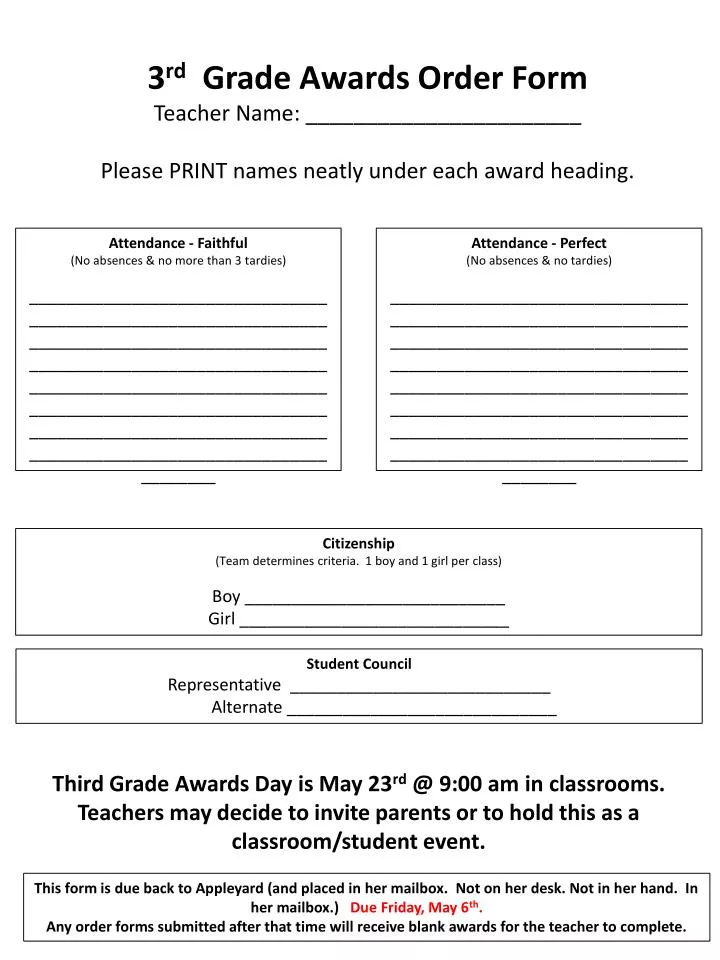 3 rd grade awards order form teacher name please print names neatly under each award heading