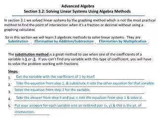 Advanced Algebra Section 3.2: Solving Linear Systems Using Algebra Methods