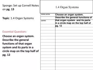 Sponge: Set up Cornell Notes on pg. 13 Topic : 1.4 Organ Systems Essential Question :