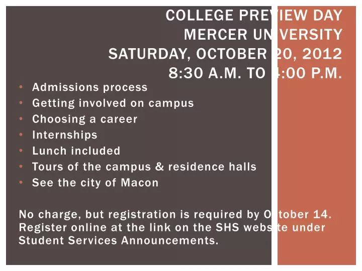 college preview day mercer university saturday october 20 2012 8 30 a m to 4 00 p m