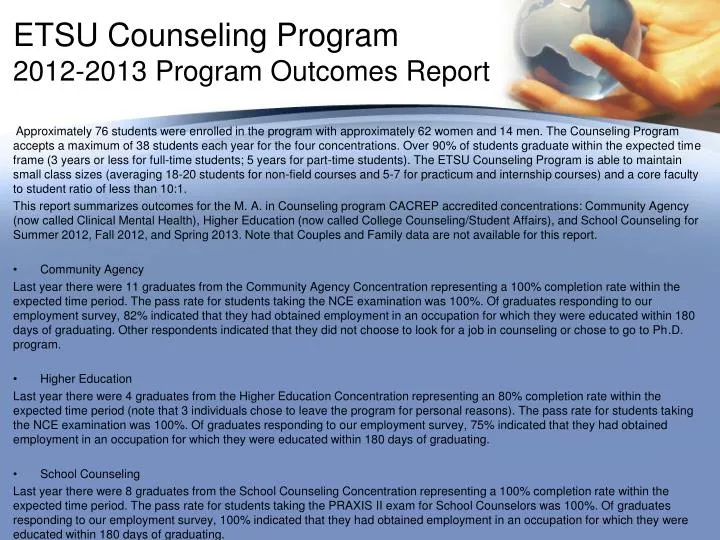 etsu counseling program 2012 2013 program outcomes report