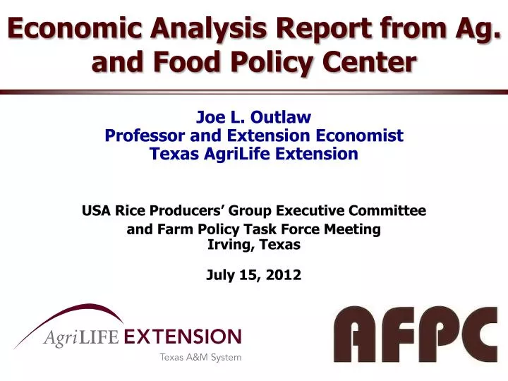 economic analysis report from ag and food policy center