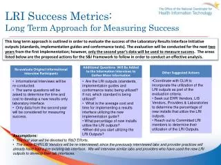 LRI Success Metrics: Long Term Approach for Measuring Success