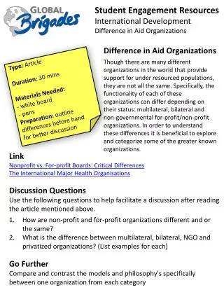 Student Engagement Resources International Development Difference in Aid O rganizations