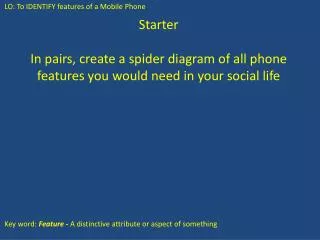 Starter In pairs, create a spider diagram of all phone features you would need in your social life