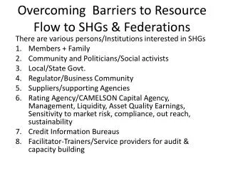 Overcoming Barriers to Resource Flow to SHGs &amp; Federations