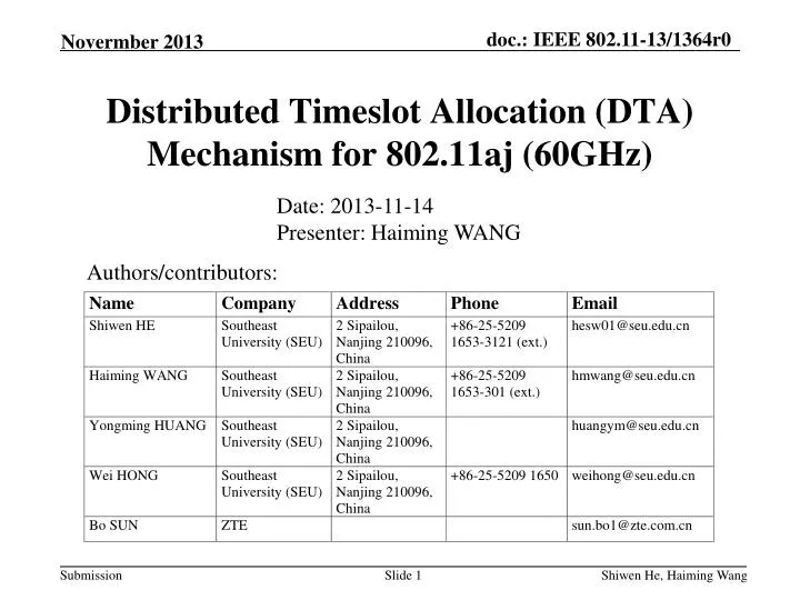 distributed timeslot allocation dta mechanism for 802 11aj 60ghz