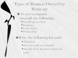 Types of Business Ownership Warm-up