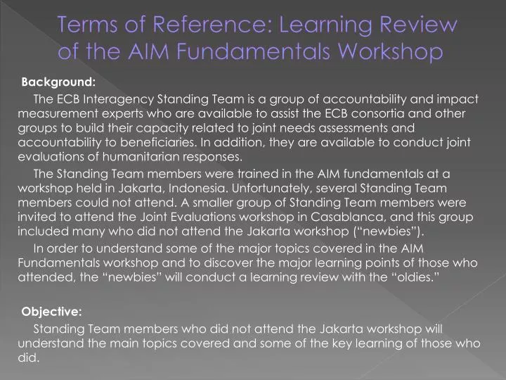 terms of reference learning review of the aim fundamentals workshop