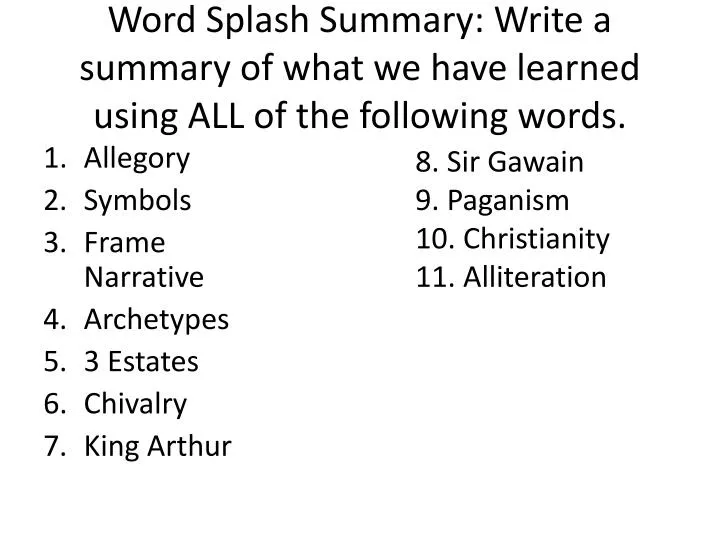 word splash summary write a summary of what we have learned using all of the following words