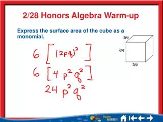 Express the surface area of the cube as a monomial.