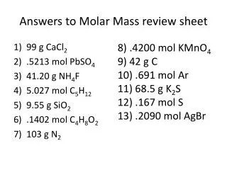 Answers to Molar Mass review sheet