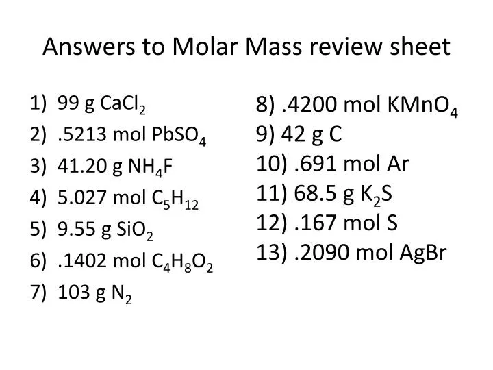 answers to molar mass review sheet