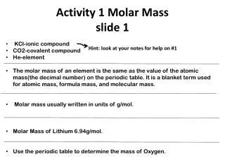 Activity 1 Molar Mass slide 1