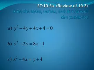 ET:10.3a (Review of 10.2) Find the focus, vertex, and directrix of the parabolas